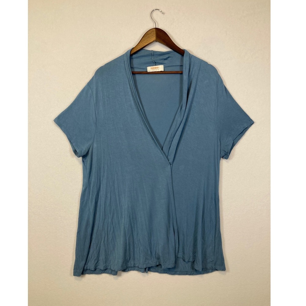 Renee C Wrap Front Top Women XL Blue Short Sleeve V-Neck Jersey Knit Made in USA